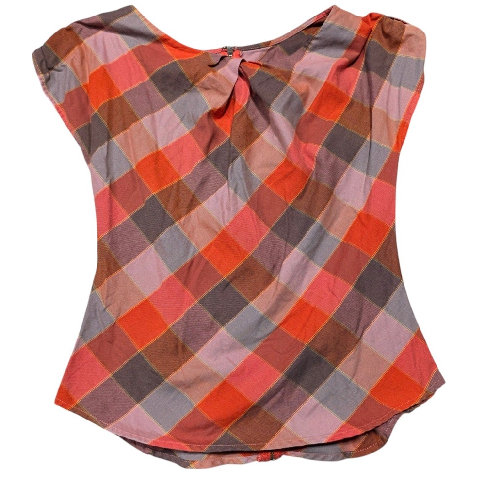 Patagonia Plaid Cap Sleeve Top Women 8 Orange Cotton Blend Full Zip Back